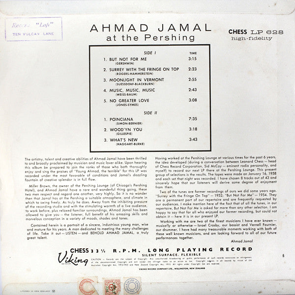 Ahmad Jamal Trio : Ahmad Jamal At The Pershing (LP, Album, Mono, RE)