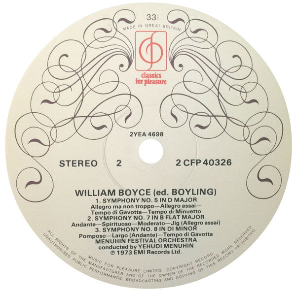 William Boyce / Menuhin Festival Orchestra Conducted By Yehudi Menuhin : The 8 Symphonies (LP, RE)