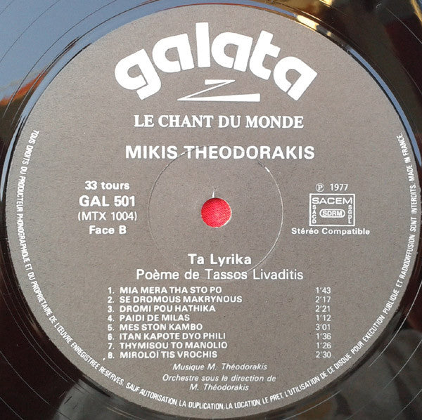 Mikis Theodorakis , Poèmes De Tassos Livaditis : Ta Lyrica (LP, Album)