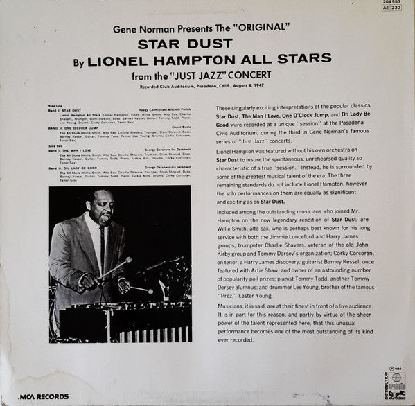 Lionel Hampton All Stars : The “Original” Lionel Hampton Stardust (LP, Album, RE)