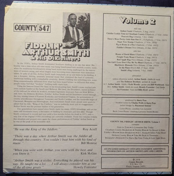 Fiddlin' Arthur Smith & His Dixieliners : Fiddlin' Arthur Smith & His Dixieliners Volume 2 (LP, Comp, Mono, Boo)