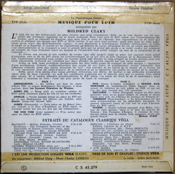 Mildred Clary : Musique Pour Luth (7", EP)