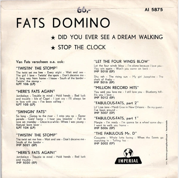 Fats Domino : Did You Ever See A Dream Walking / Stop The Clock (7", Single)