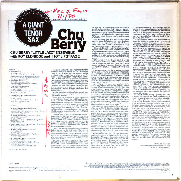 Leon "Chu" Berry : A Giant Of The Tenor Sax (LP, Comp, Mono)