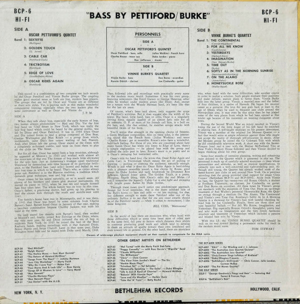 Oscar Pettiford's Quintet / The Vinnie Burke Quartet : Bass By Pettiford/Burke (LP, Comp, Mono)