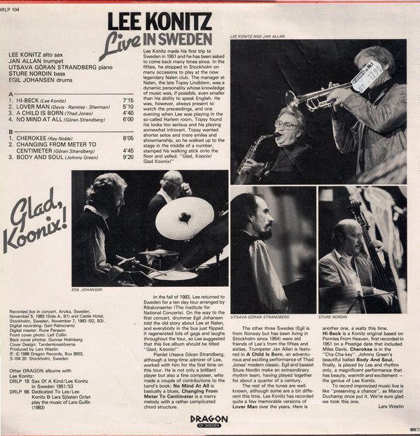 Lee Konitz : Glad, Koonix! (Lee Konitz Live In Sweden) (LP, Album)
