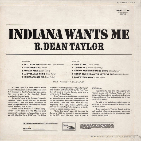R. Dean Taylor : Indiana Wants Me (LP, Album)
