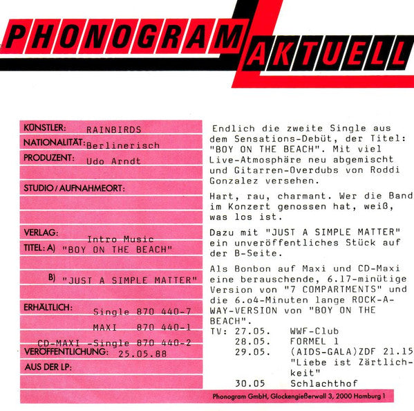 Rainbirds : Boy On The Beach (7", Single)