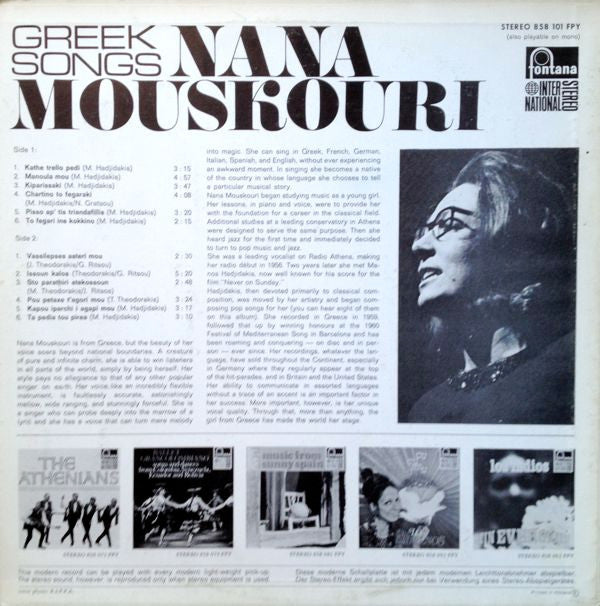 Nana Mouskouri : Greek Songs (LP, Album, RE)
