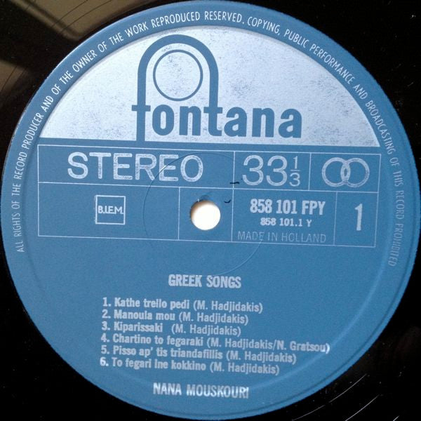 Nana Mouskouri : Greek Songs (LP, Album, RE)