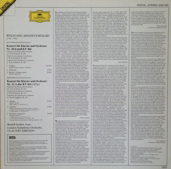 Wolfgang Amadeus Mozart, London Symphony Orchestra, Rudolf Serkin, Claudio Abbado : Klavierkonzerte • Piano Concertos Nos. 20 & 12 (LP)