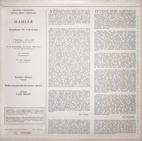 Gustav Mahler - Lorin Maazel Conducts The Radio-Symphonie-Orchester Berlin, Heather Harper : Symphonie Nr. 4 (LP)