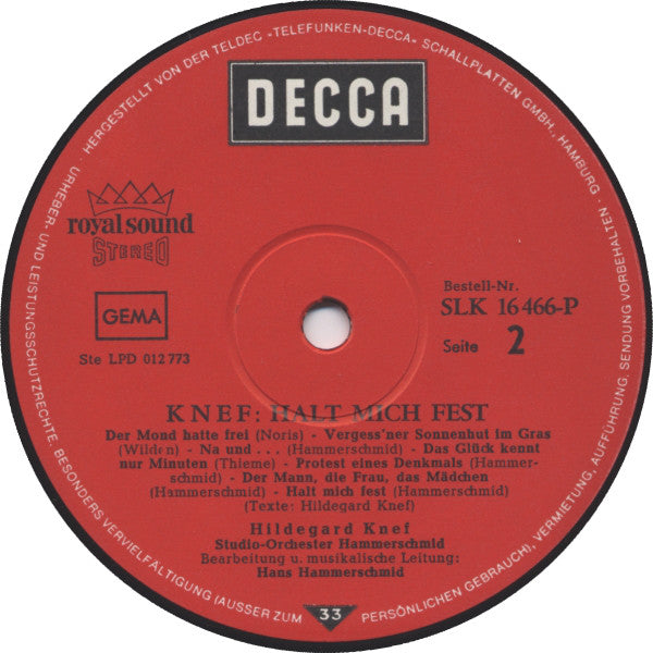 Hildegard Knef : Halt Mich Fest (LP, Album, RP)