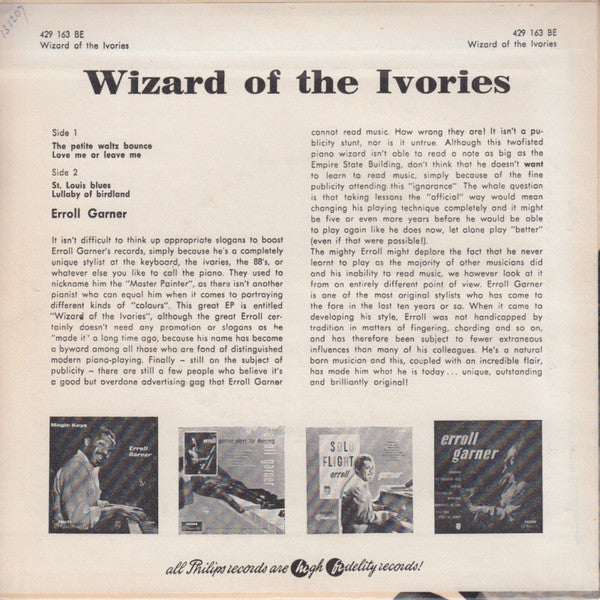 Erroll Garner : Wizard Of The Ivories (7", EP)
