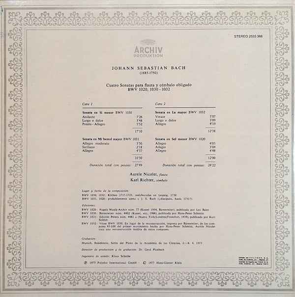 Johann Sebastian Bach, Aurèle Nicolet, Karl Richter : Vol. 1, Flöten-Sonaten, Flute Sonatas, Sonates Pour Flûte (LP, Album, RE)