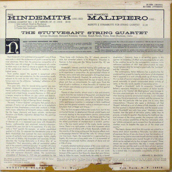 Paul Hindemith / Gian Francesco Malipiero, The Stuyvesant String Quartet : String Quartet No. 1 In F Minor Op. 10 / Rispetti E Strambotti For String Quartet (LP)
