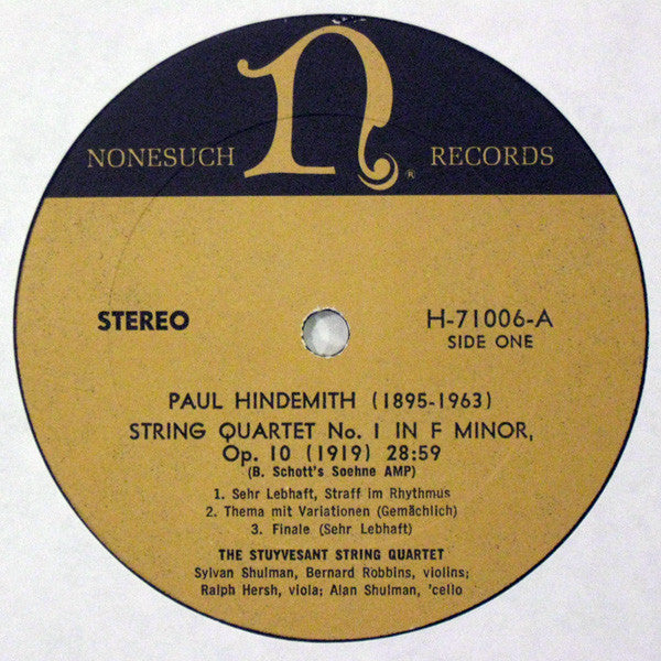 Paul Hindemith / Gian Francesco Malipiero, The Stuyvesant String Quartet : String Quartet No. 1 In F Minor Op. 10 / Rispetti E Strambotti For String Quartet (LP)