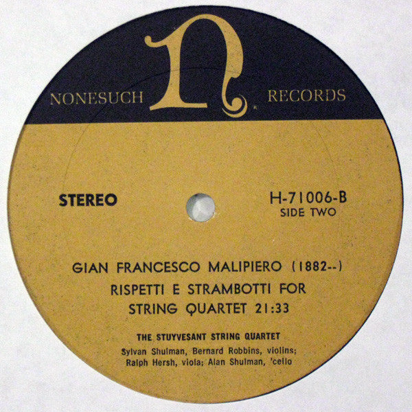 Paul Hindemith / Gian Francesco Malipiero, The Stuyvesant String Quartet : String Quartet No. 1 In F Minor Op. 10 / Rispetti E Strambotti For String Quartet (LP)