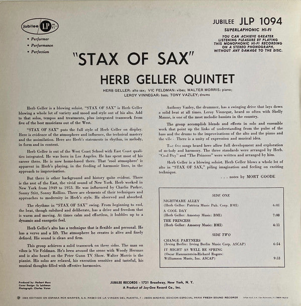 Herb Geller : Stax Of Saxs (LP, Album, M/Print, RE)