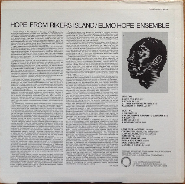 Elmo Hope Ensemble : Hope From Rikers Island (LP, Album, RE)