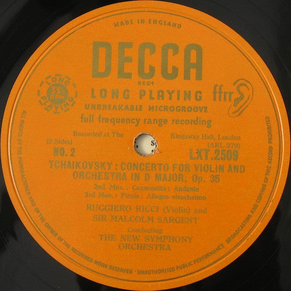 Pyotr Ilyich Tchaikovsky - Ruggiero Ricci, The New Symphony Orchestra Of London Conducted By Sir Malcolm Sargent : Concerto For Violin In D Major, Opus 35 (LP, Mono)