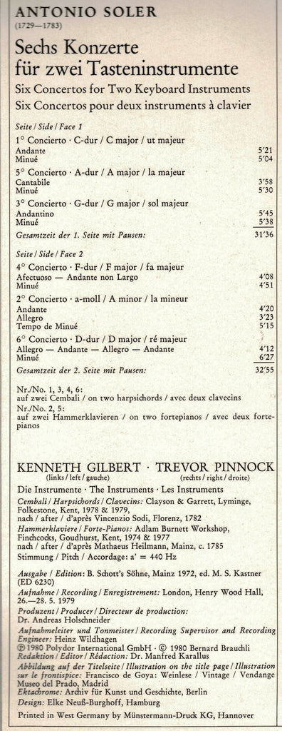 Padre Antonio Soler - Kenneth Gilbert • Trevor Pinnock : Konzerte Für Zwei Tasteninstrumente (LP)
