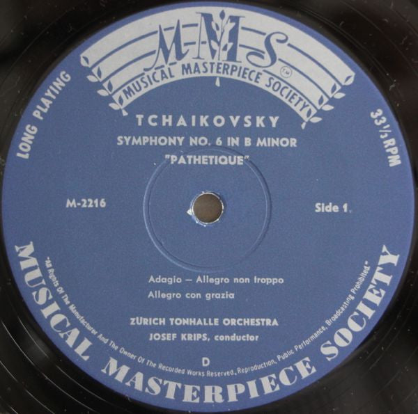 Pyotr Ilyich Tchaikovsky, Tonhalle-Orchester Zürich, Josef Krips : Symphonie Nr. 6 "Pathetique" (LP, Mono)