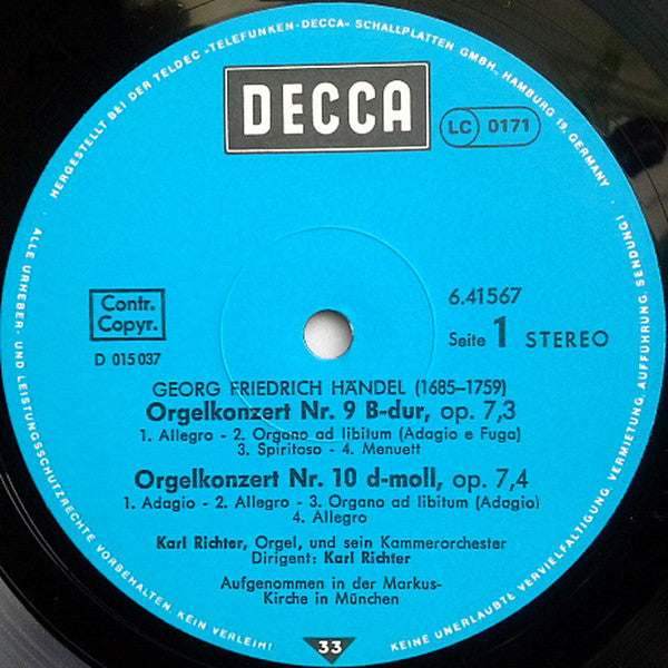 Georg Friedrich Händel, Karl Richter : Orgelkonzerte Nr. 9-12 (LP, Album)