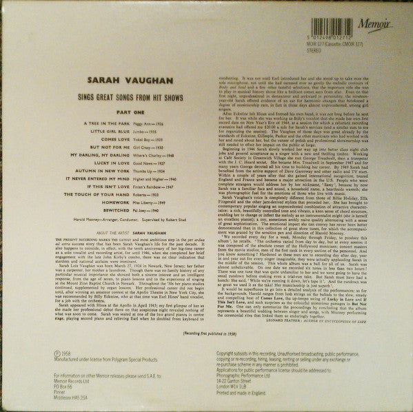 Sarah Vaughan : Sings Great Songs From Hit Shows - Part One (LP, RE)