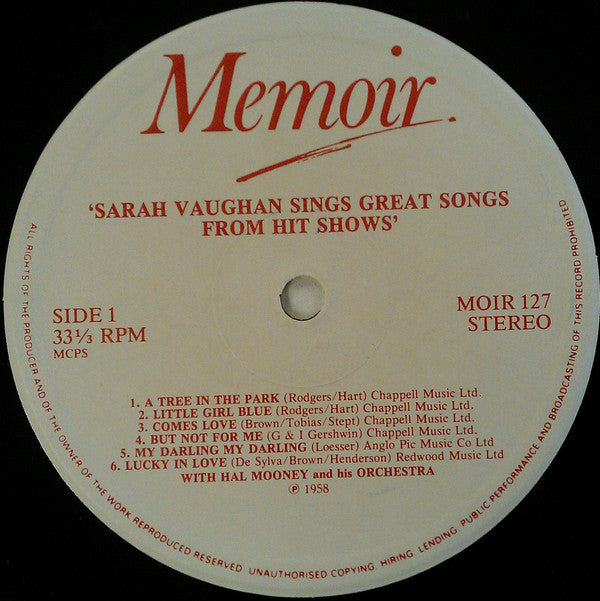 Sarah Vaughan : Sings Great Songs From Hit Shows - Part One (LP, RE)