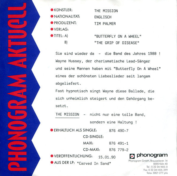 The Mission : Butterfly On A Wheel (7", Single, Blu)