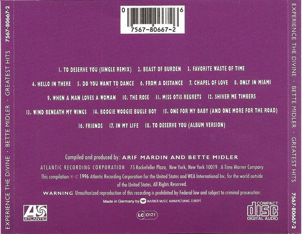 Bette Midler : Experience The Divine (Greatest Hits) (CD, Comp, RM)