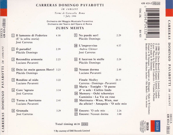 José Carreras, Placido Domingo, Luciano Pavarotti, Zubin Mehta : In Concert (CD, Album, PDO)