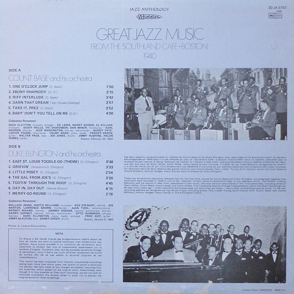 Count Basie / Duke Ellington : Great Jazz Music (From The Southland Cafe  Boston - 1940) (LP, Comp, Mono, RE)