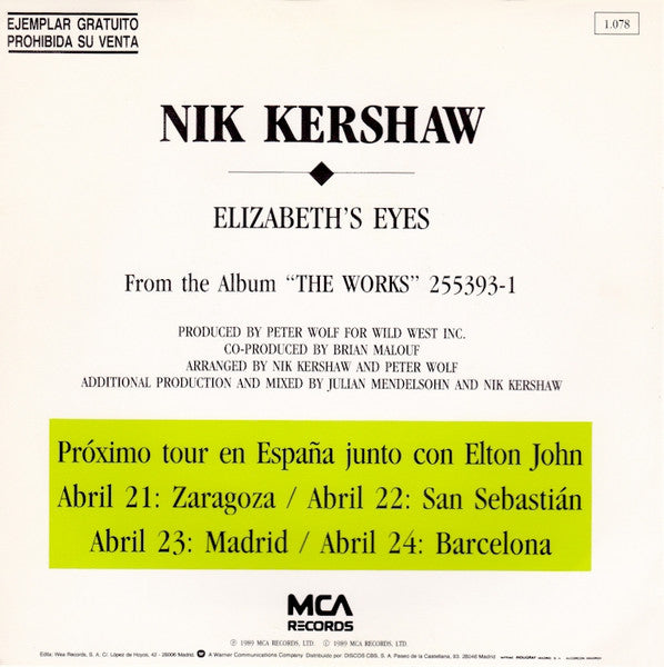 Nik Kershaw : Elizabeth's Eyes (7", Single, Promo)
