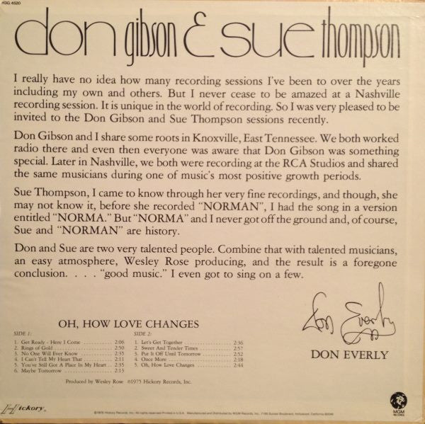 Don Gibson & Sue Thompson : Oh, How Love Changes (LP, Album)