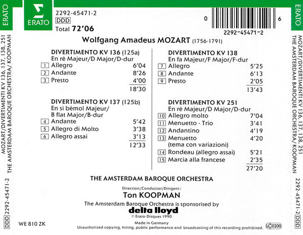 Wolfgang Amadeus Mozart, The Amsterdam Baroque Orchestra, Ton Koopman : Divertimenti KV 136/137/138/251 (CD, Album)