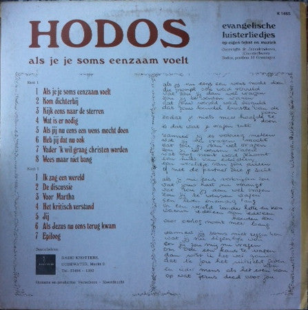 Hodos : Als Je Je Soms Eenzaam Voelt (LP, Album)