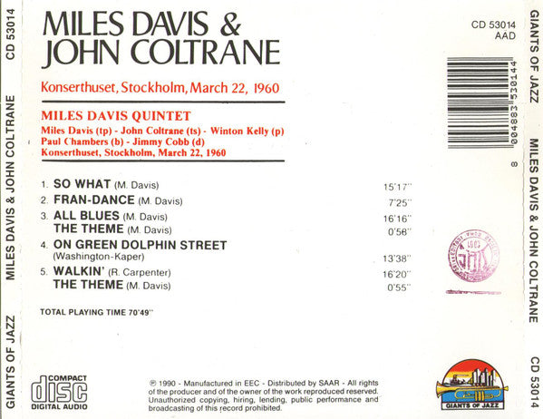 Miles Davis & John Coltrane : Konserthuset, Stockholm, March 22, 1960 (CD, Album, RE)