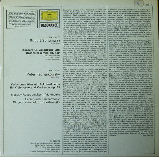 Robert Schumann / Pyotr Ilyich Tchaikovsky – Mstislav Rostropovich · Gennadi Rozhdestvensky, Leningrad Philharmonic Orchestra : Cellokonzert · Rokoko-Variationen (LP, RE)
