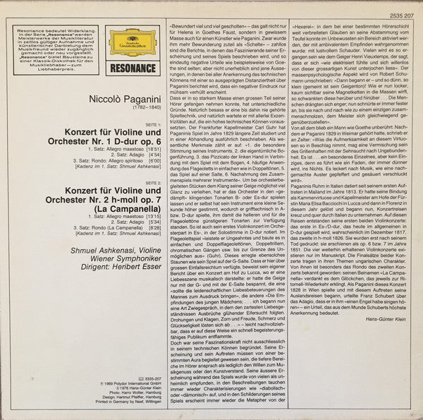 Niccolò Paganini - Shmuel Ashkenasi : Violinkonzerte Nr. 1 & Nr. 2 "La Campanella" (LP, Album, RE)