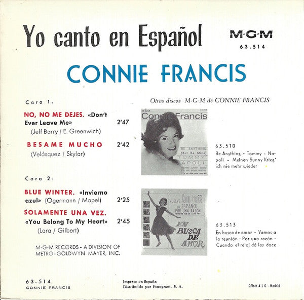 Connie Francis : Yo Canto En Español (7", EP, Mono)