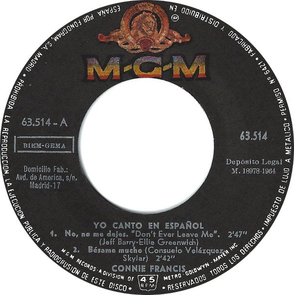 Connie Francis : Yo Canto En Español (7", EP, Mono)