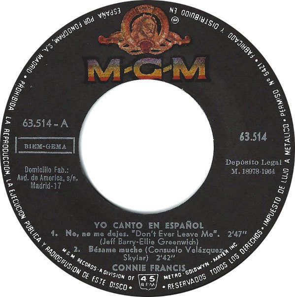 Connie Francis : Yo Canto En Español (7", EP, Mono)
