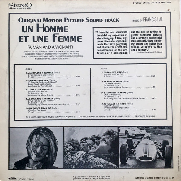Francis Lai : A Man And A Woman (Original Motion Picture Soundtrack) (LP, Album)