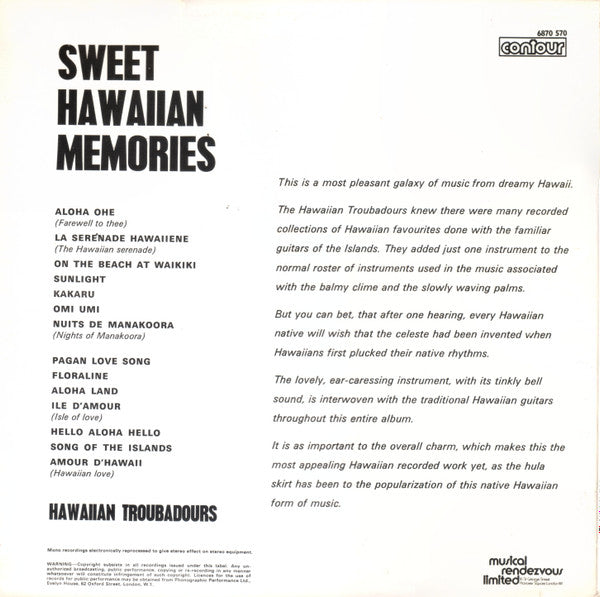 Hawaiian Troubadours* : Sweet Hawaiian Memories (LP, Album, RE)