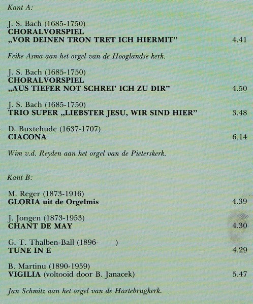 Feike Asma, Joop Brons, Ben Fey, Wim van der Reijden, Jan Schmitz : Orgelstad Leiden (2xLP)