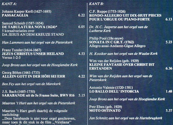 Maarten 't Hart, Han Lammers, Henk Jasperse, Hendrik Kooiker, Joop Brons, Ben Fey, Wim van der Reijden, Jan Schmitz : Orgelstad Leiden II (LP)