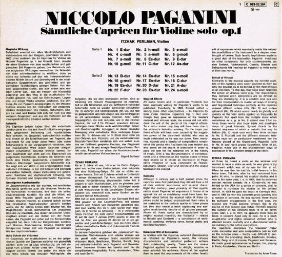 Niccolò Paganini – Itzhak Perlman : Sämtliche Capricen Für Violine Solo  Op.1 (LP)