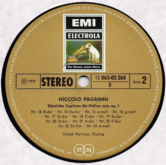 Niccolò Paganini – Itzhak Perlman : Sämtliche Capricen Für Violine Solo  Op.1 (LP)